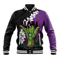 Hawaiian Halloween Baseball Jacket Horror Shaka Hand with Plumeria and Polynesian Tattoo Midnight Color