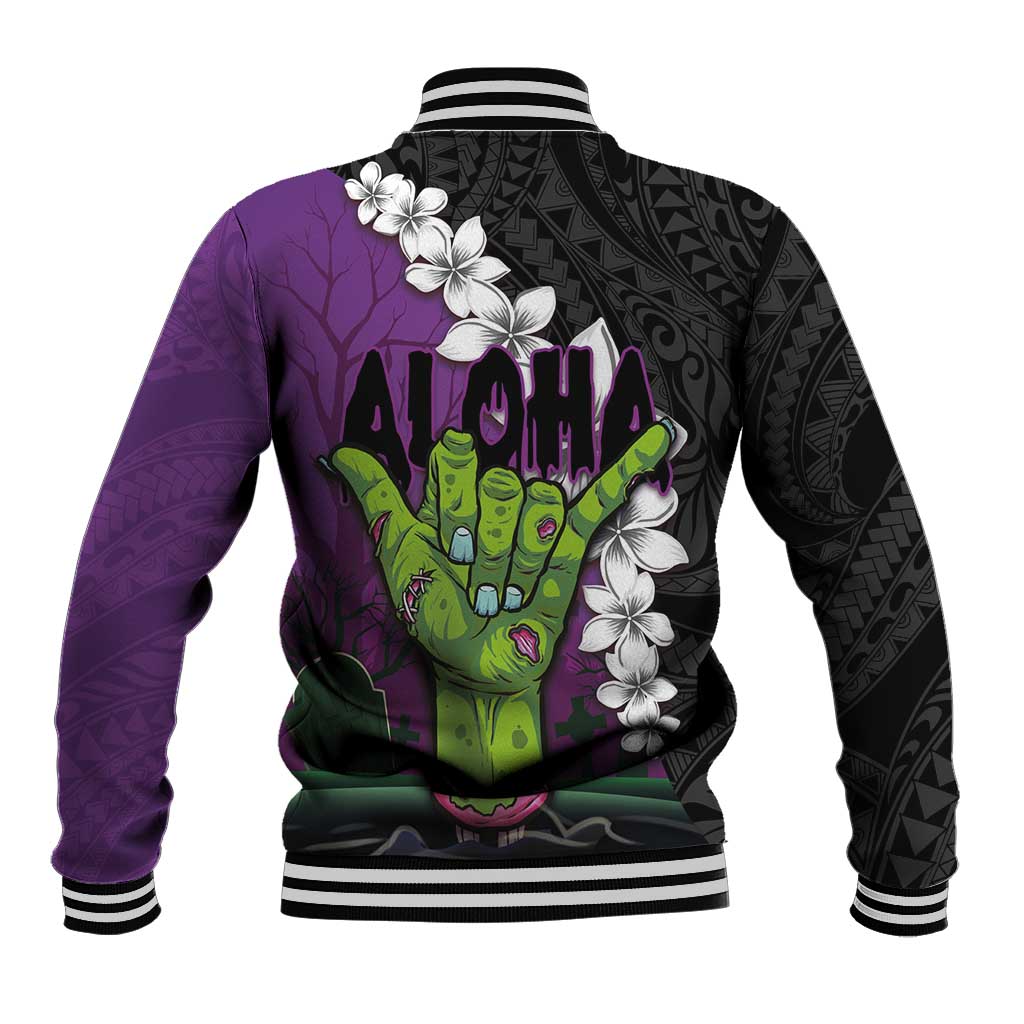 Hawaiian Halloween Baseball Jacket Horror Shaka Hand with Plumeria and Polynesian Tattoo Midnight Color