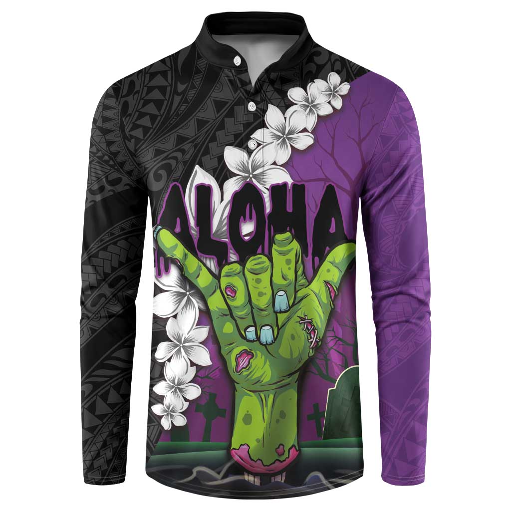 Hawaiian Halloween Button Sweatshirt Horror Shaka Hand with Plumeria and Polynesian Tattoo Midnight Color