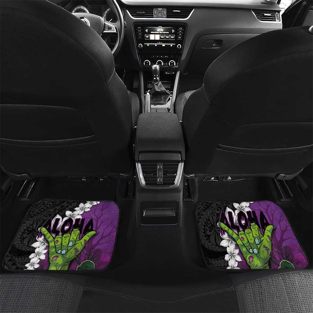 Hawaiian Halloween Car Mats Horror Shaka Hand with Plumeria and Polynesian Tattoo Midnight Color