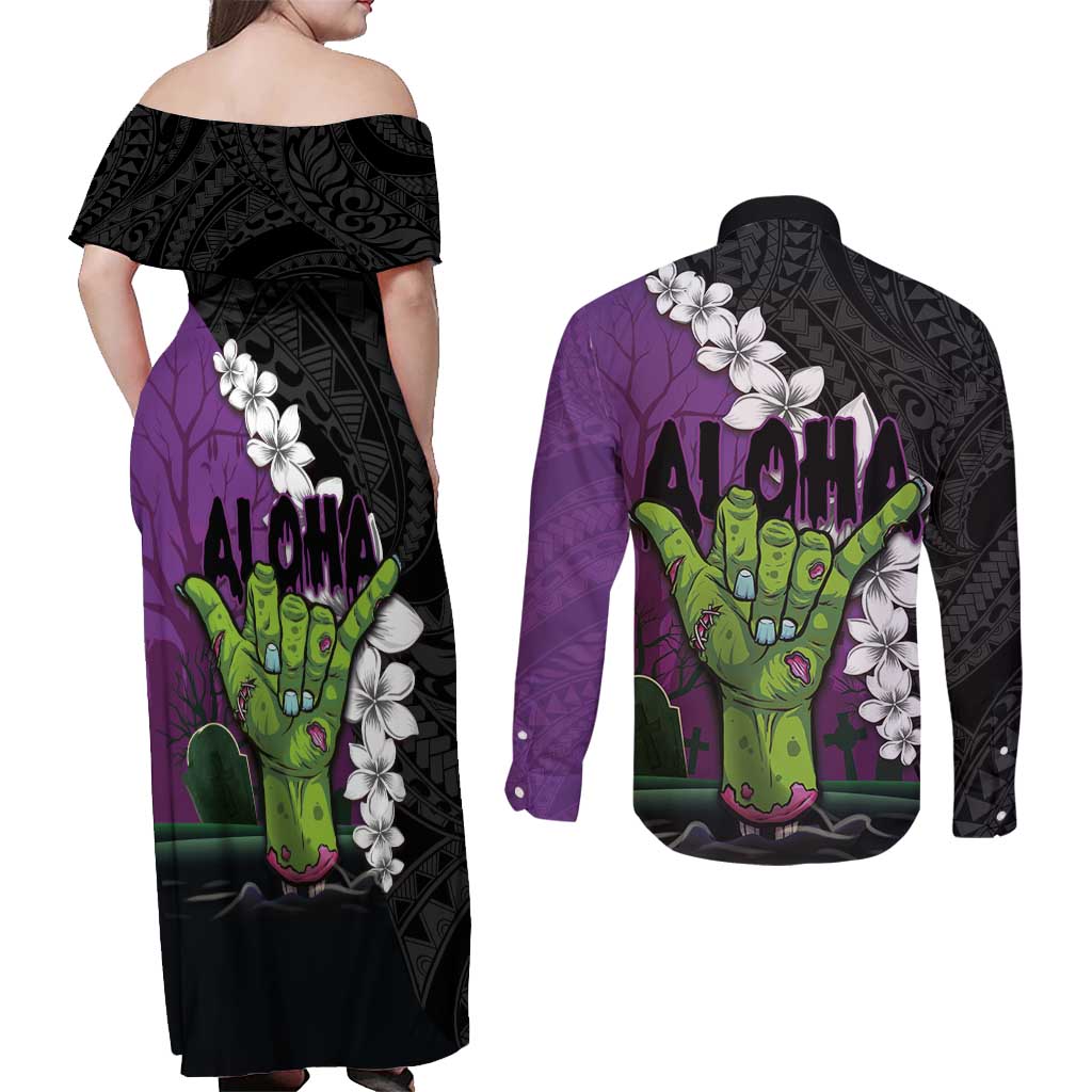 Hawaiian Halloween Couples Matching Off Shoulder Maxi Dress and Long Sleeve Button Shirt Horror Shaka Hand with Plumeria and Polynesian Tattoo Midnight Color