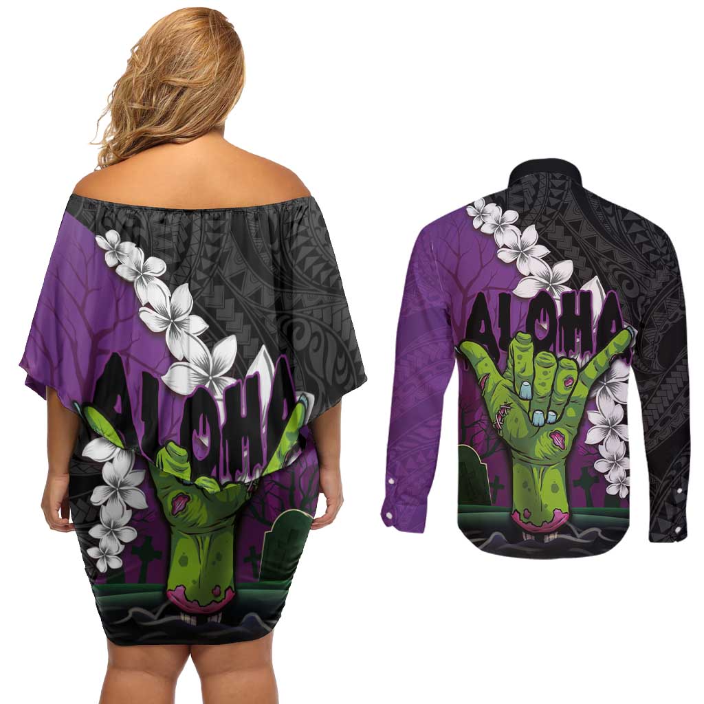 Hawaiian Halloween Couples Matching Off Shoulder Short Dress and Long Sleeve Button Shirt Horror Shaka Hand with Plumeria and Polynesian Tattoo Midnight Color