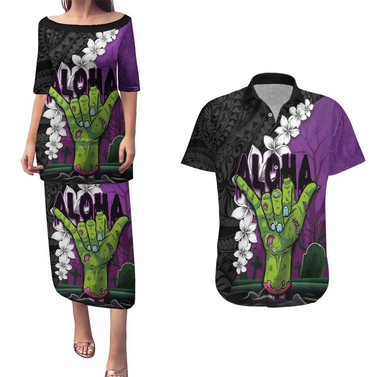 Hawaiian Halloween Couples Matching Puletasi and Hawaiian Shirt Horror Shaka Hand with Plumeria and Polynesian Tattoo Midnight Color