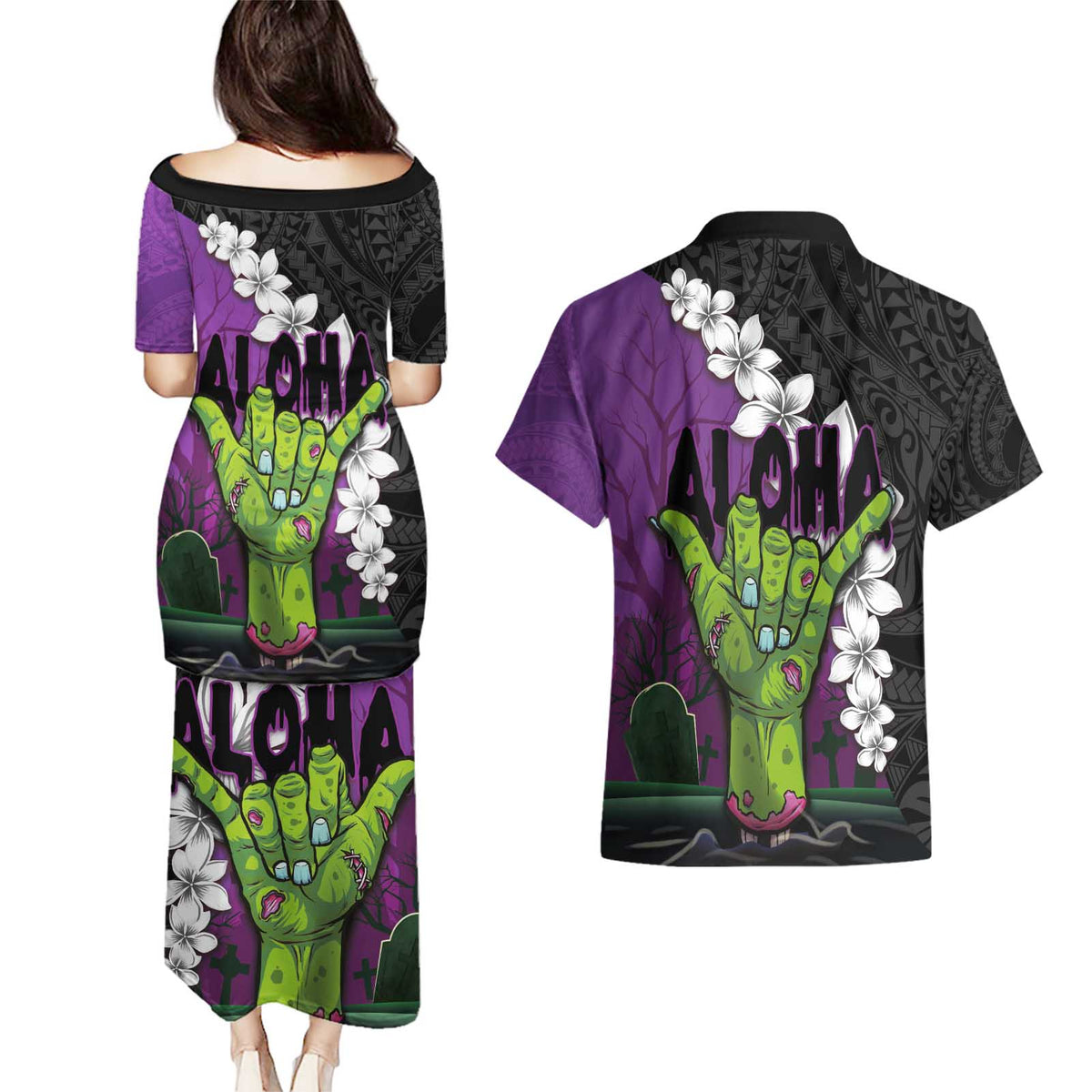 Hawaiian Halloween Couples Matching Puletasi and Hawaiian Shirt Horror Shaka Hand with Plumeria and Polynesian Tattoo Midnight Color