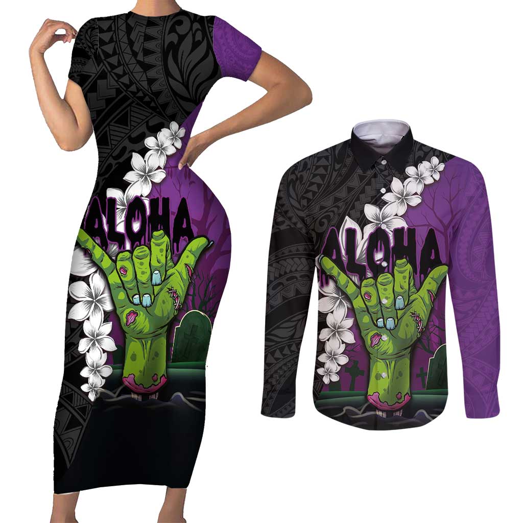 Hawaiian Halloween Couples Matching Short Sleeve Bodycon Dress and Long Sleeve Button Shirt Horror Shaka Hand with Plumeria and Polynesian Tattoo Midnight Color