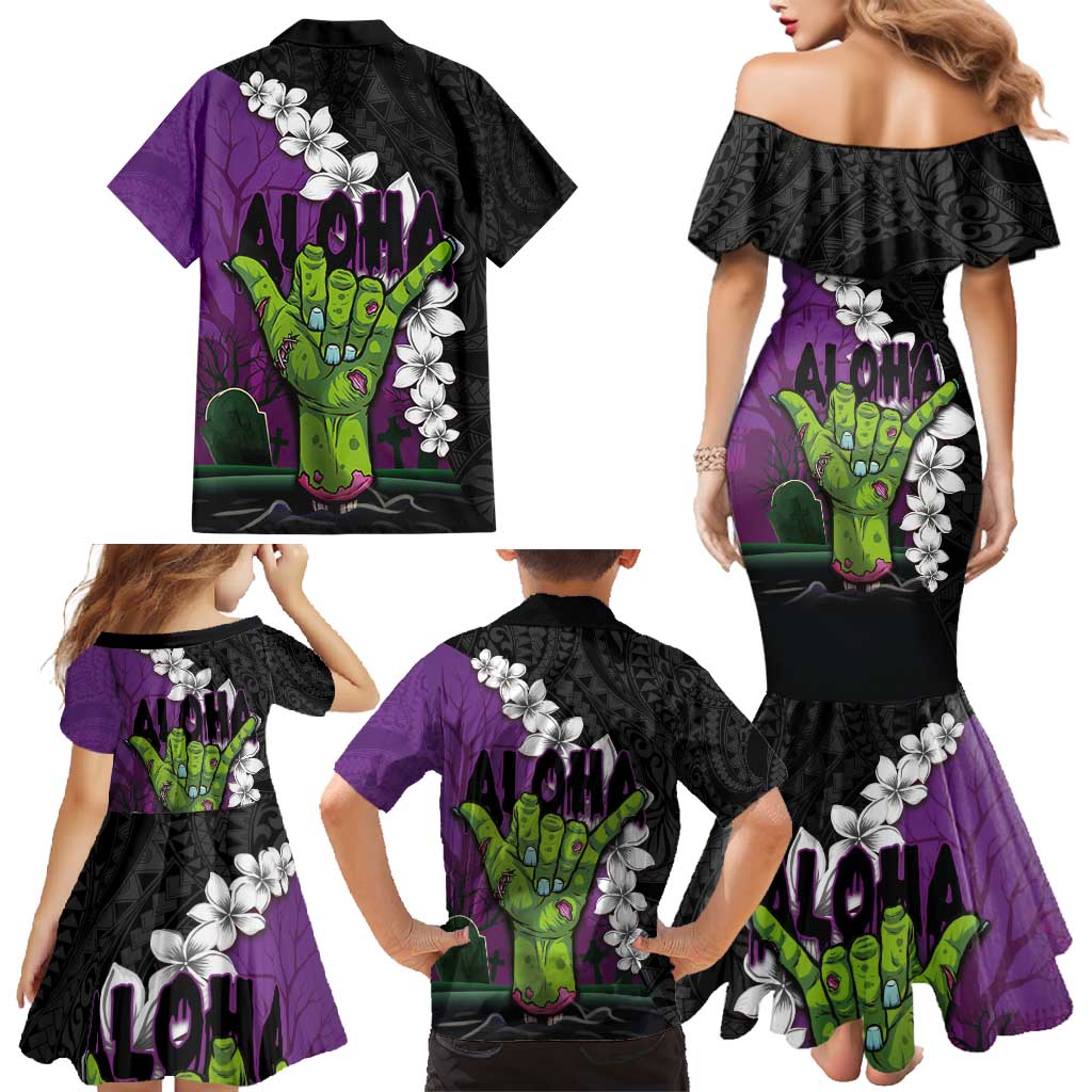 Hawaiian Halloween Family Matching Mermaid Dress and Hawaiian Shirt Horror Shaka Hand with Plumeria and Polynesian Tattoo Midnight Color LT03 - Polynesian Pride