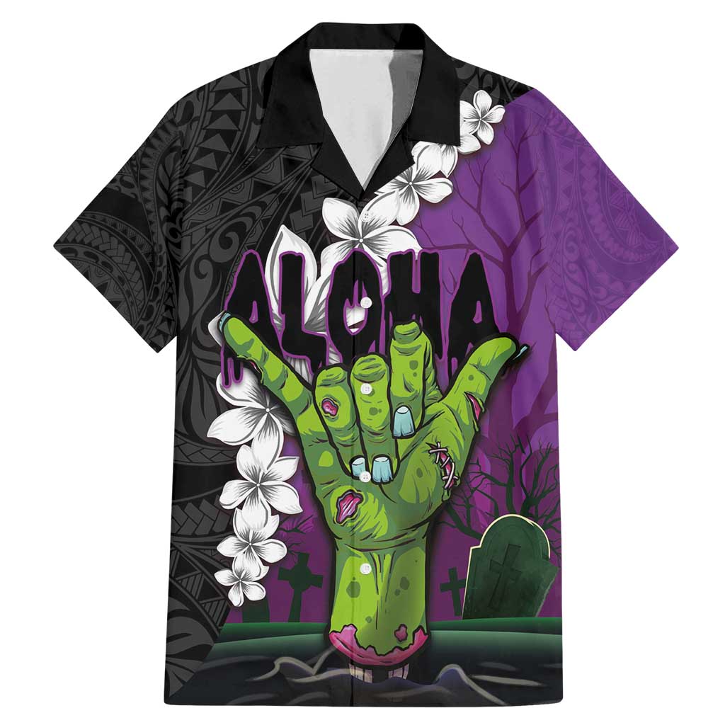 Hawaiian Halloween Family Matching Mermaid Dress and Hawaiian Shirt Horror Shaka Hand with Plumeria and Polynesian Tattoo Midnight Color LT03 Dad's Shirt - Short Sleeve Purple - Polynesian Pride