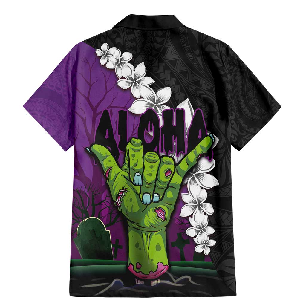 Hawaiian Halloween Family Matching Mermaid Dress and Hawaiian Shirt Horror Shaka Hand with Plumeria and Polynesian Tattoo Midnight Color LT03 - Polynesian Pride