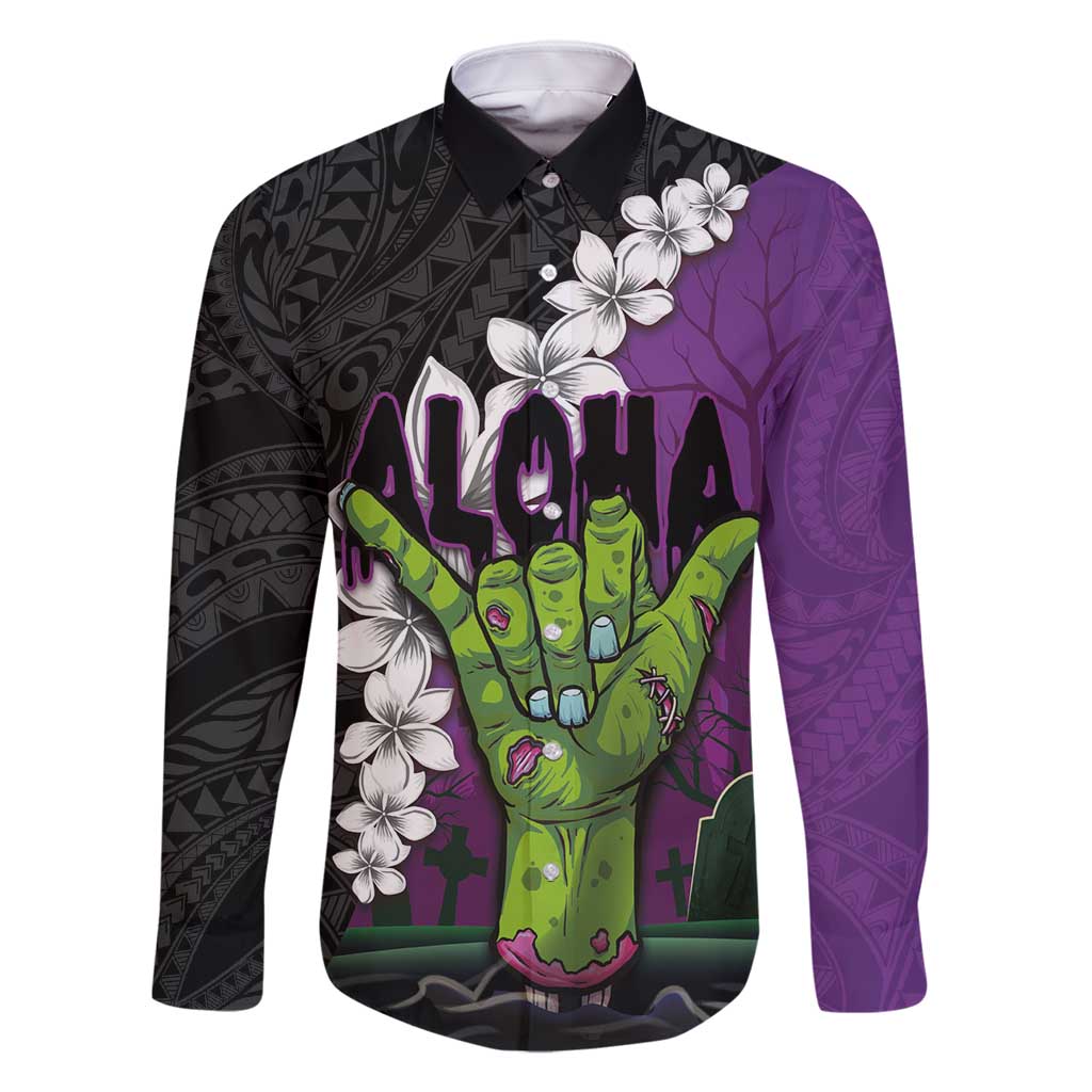 Hawaiian Halloween Family Matching Mermaid Dress and Hawaiian Shirt Horror Shaka Hand with Plumeria and Polynesian Tattoo Midnight Color LT03 Dad's Shirt - Long Sleeve Purple - Polynesian Pride