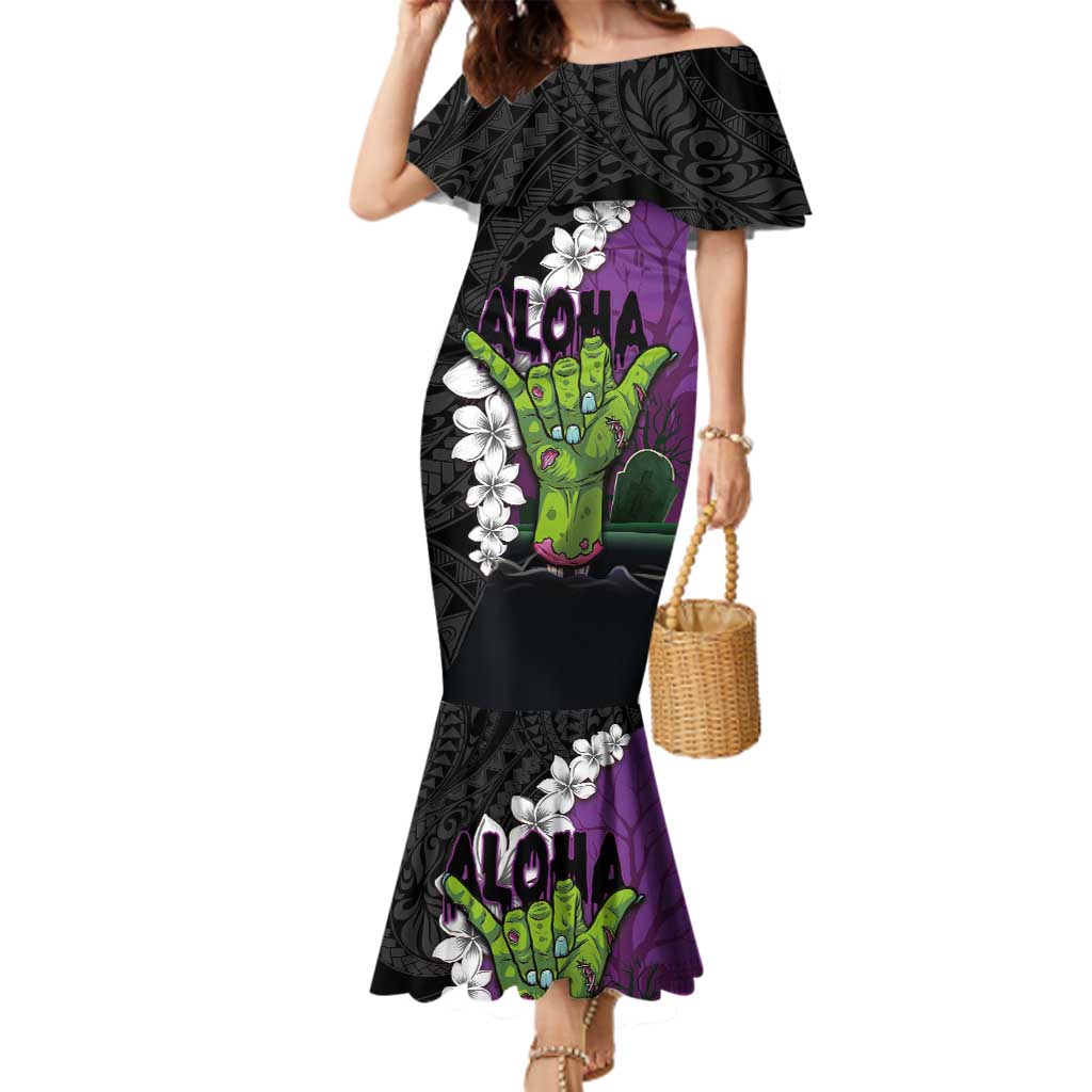 Hawaiian Halloween Family Matching Mermaid Dress and Hawaiian Shirt Horror Shaka Hand with Plumeria and Polynesian Tattoo Midnight Color LT03 Mom's Dress Purple - Polynesian Pride