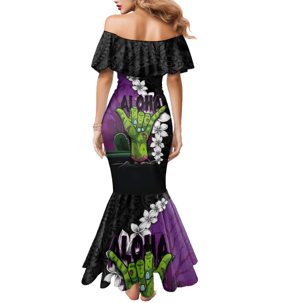 Hawaiian Halloween Family Matching Mermaid Dress and Hawaiian Shirt Horror Shaka Hand with Plumeria and Polynesian Tattoo Midnight Color LT03 - Polynesian Pride