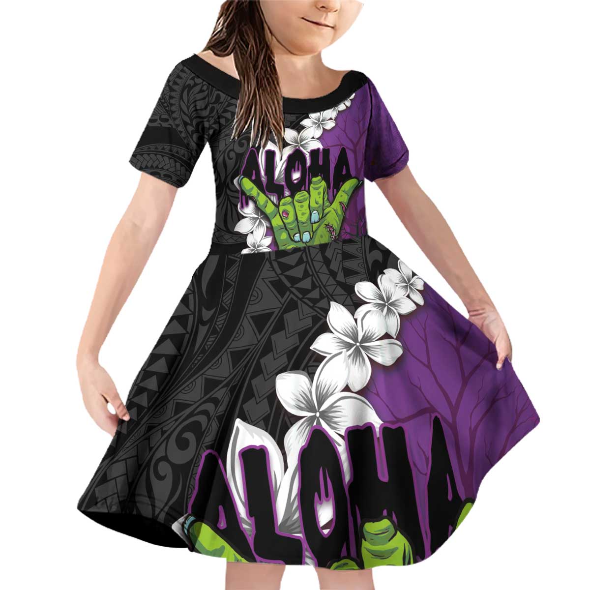 Hawaiian Halloween Family Matching Off Shoulder Short Dress and Hawaiian Shirt Horror Shaka Hand with Plumeria and Polynesian Tattoo Midnight Color LT03 Daughter's Dress Purple - Polynesian Pride
