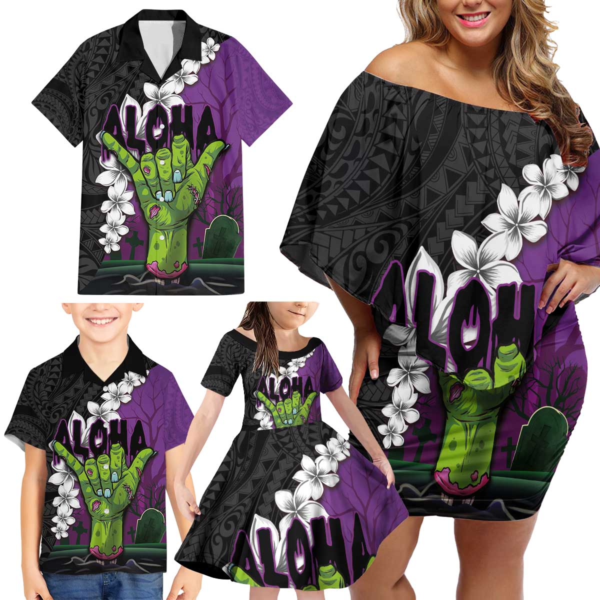 Hawaiian Halloween Family Matching Off Shoulder Short Dress and Hawaiian Shirt Horror Shaka Hand with Plumeria and Polynesian Tattoo Midnight Color LT03 - Polynesian Pride