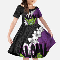 Hawaiian Halloween Family Matching Puletasi and Hawaiian Shirt Horror Shaka Hand with Plumeria and Polynesian Tattoo Midnight Color LT03 Daughter's Dress Purple - Polynesian Pride