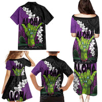 Hawaiian Halloween Family Matching Puletasi and Hawaiian Shirt Horror Shaka Hand with Plumeria and Polynesian Tattoo Midnight Color LT03 - Polynesian Pride