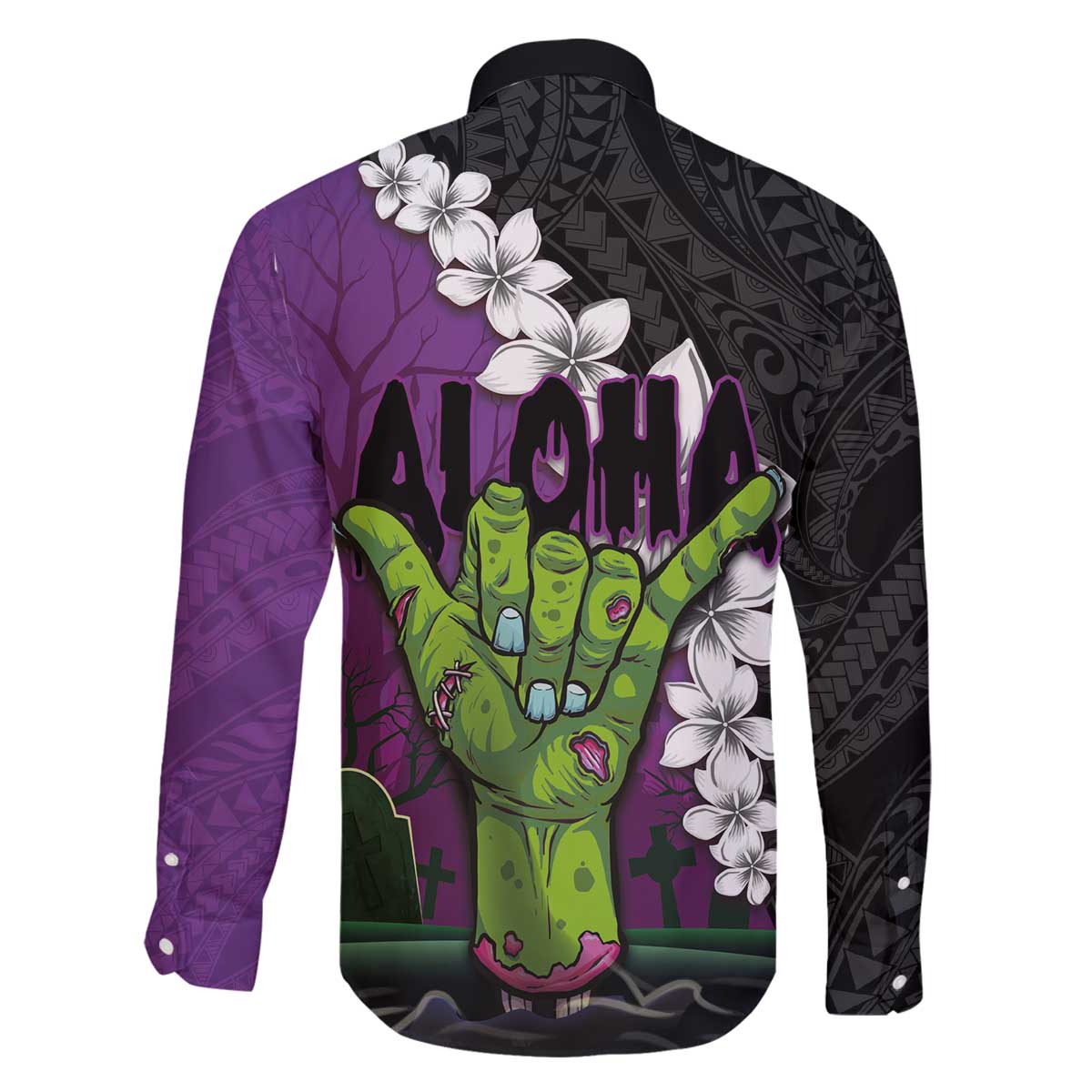 Hawaiian Halloween Family Matching Puletasi and Hawaiian Shirt Horror Shaka Hand with Plumeria and Polynesian Tattoo Midnight Color LT03 - Polynesian Pride