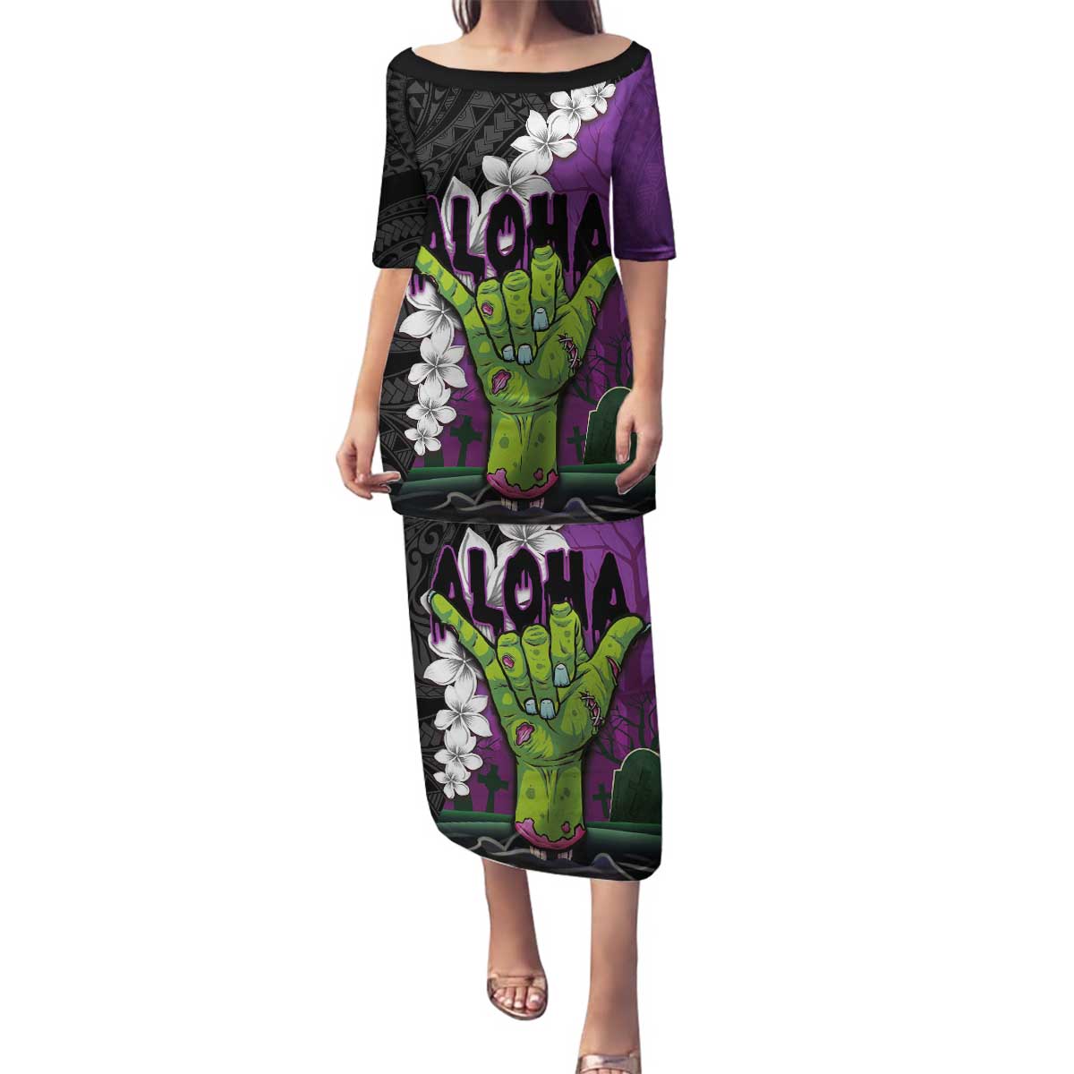 Hawaiian Halloween Family Matching Puletasi and Hawaiian Shirt Horror Shaka Hand with Plumeria and Polynesian Tattoo Midnight Color LT03 Mom's Dress Purple - Polynesian Pride