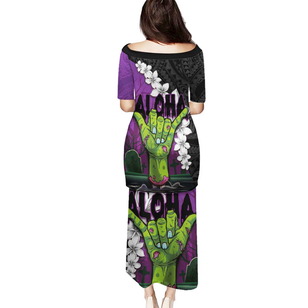 Hawaiian Halloween Family Matching Puletasi and Hawaiian Shirt Horror Shaka Hand with Plumeria and Polynesian Tattoo Midnight Color LT03 - Polynesian Pride