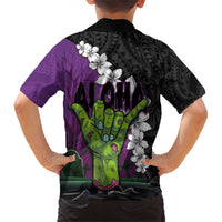 Hawaiian Halloween Family Matching Short Sleeve Bodycon Dress and Hawaiian Shirt Horror Shaka Hand with Plumeria and Polynesian Tattoo Midnight Color LT03 - Polynesian Pride
