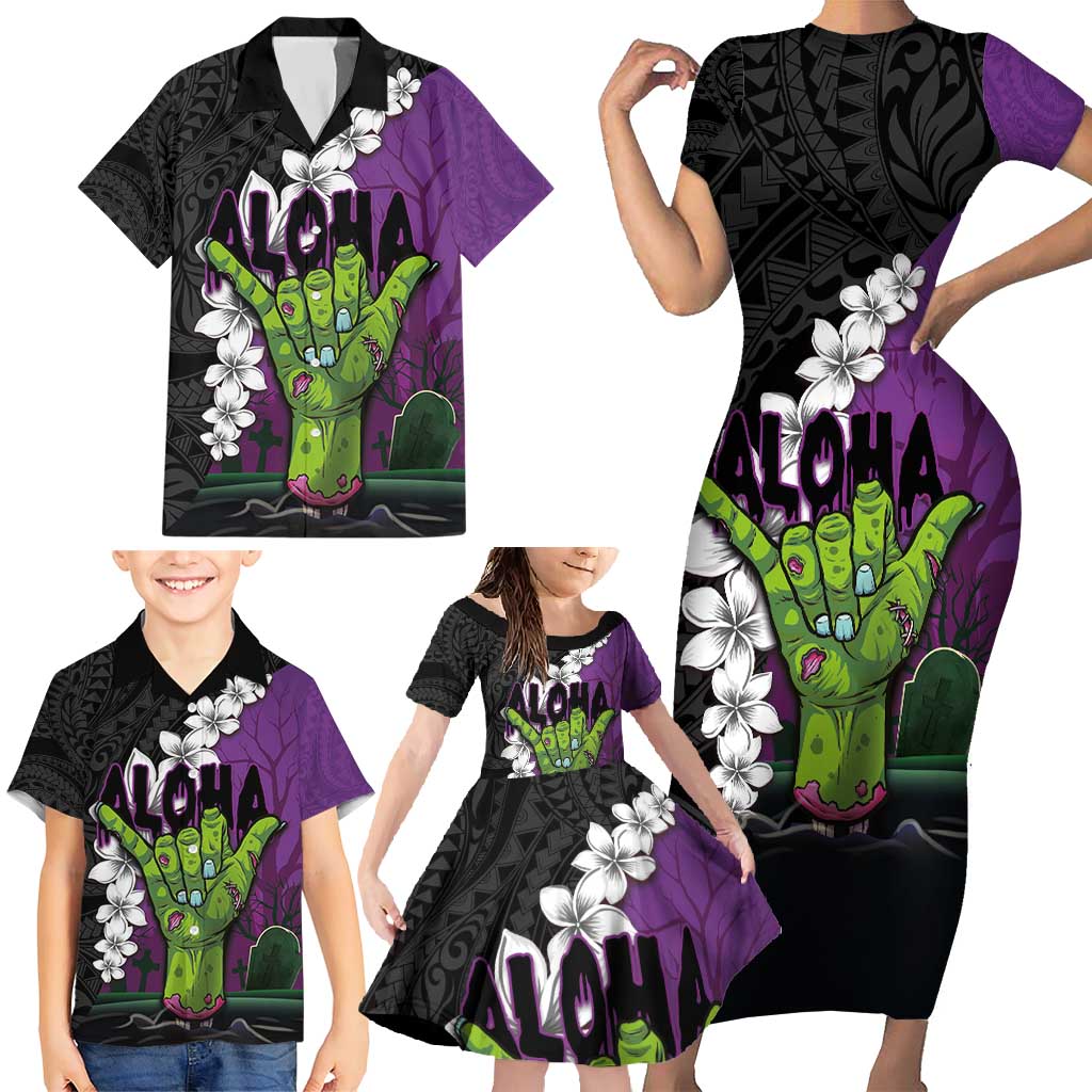 Hawaiian Halloween Family Matching Short Sleeve Bodycon Dress and Hawaiian Shirt Horror Shaka Hand with Plumeria and Polynesian Tattoo Midnight Color LT03 - Polynesian Pride