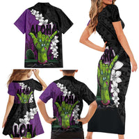 Hawaiian Halloween Family Matching Short Sleeve Bodycon Dress and Hawaiian Shirt Horror Shaka Hand with Plumeria and Polynesian Tattoo Midnight Color LT03 - Polynesian Pride