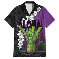 Hawaiian Halloween Family Matching Short Sleeve Bodycon Dress and Hawaiian Shirt Horror Shaka Hand with Plumeria and Polynesian Tattoo Midnight Color LT03 Dad's Shirt - Short Sleeve Purple - Polynesian Pride
