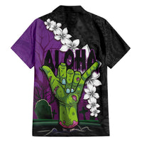 Hawaiian Halloween Family Matching Short Sleeve Bodycon Dress and Hawaiian Shirt Horror Shaka Hand with Plumeria and Polynesian Tattoo Midnight Color LT03 - Polynesian Pride