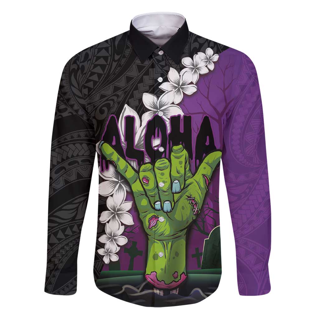 Hawaiian Halloween Family Matching Short Sleeve Bodycon Dress and Hawaiian Shirt Horror Shaka Hand with Plumeria and Polynesian Tattoo Midnight Color LT03 Dad's Shirt - Long Sleeve Purple - Polynesian Pride