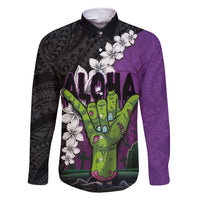 Hawaiian Halloween Family Matching Short Sleeve Bodycon Dress and Hawaiian Shirt Horror Shaka Hand with Plumeria and Polynesian Tattoo Midnight Color LT03 Dad's Shirt - Long Sleeve Purple - Polynesian Pride