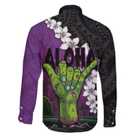 Hawaiian Halloween Family Matching Short Sleeve Bodycon Dress and Hawaiian Shirt Horror Shaka Hand with Plumeria and Polynesian Tattoo Midnight Color LT03 - Polynesian Pride