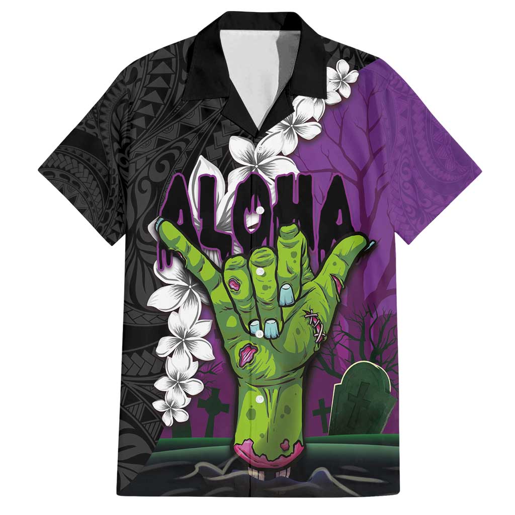Hawaiian Halloween Family Matching Summer Maxi Dress and Hawaiian Shirt Horror Shaka Hand with Plumeria and Polynesian Tattoo Midnight Color LT03 Dad's Shirt - Short Sleeve Purple - Polynesian Pride