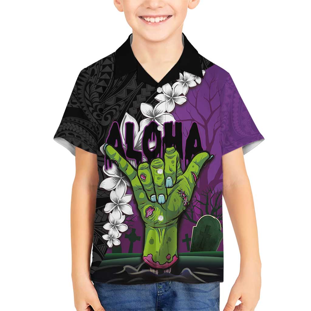 Hawaiian Halloween Family Matching Summer Maxi Dress and Hawaiian Shirt Horror Shaka Hand with Plumeria and Polynesian Tattoo Midnight Color LT03 Son's Shirt Purple - Polynesian Pride