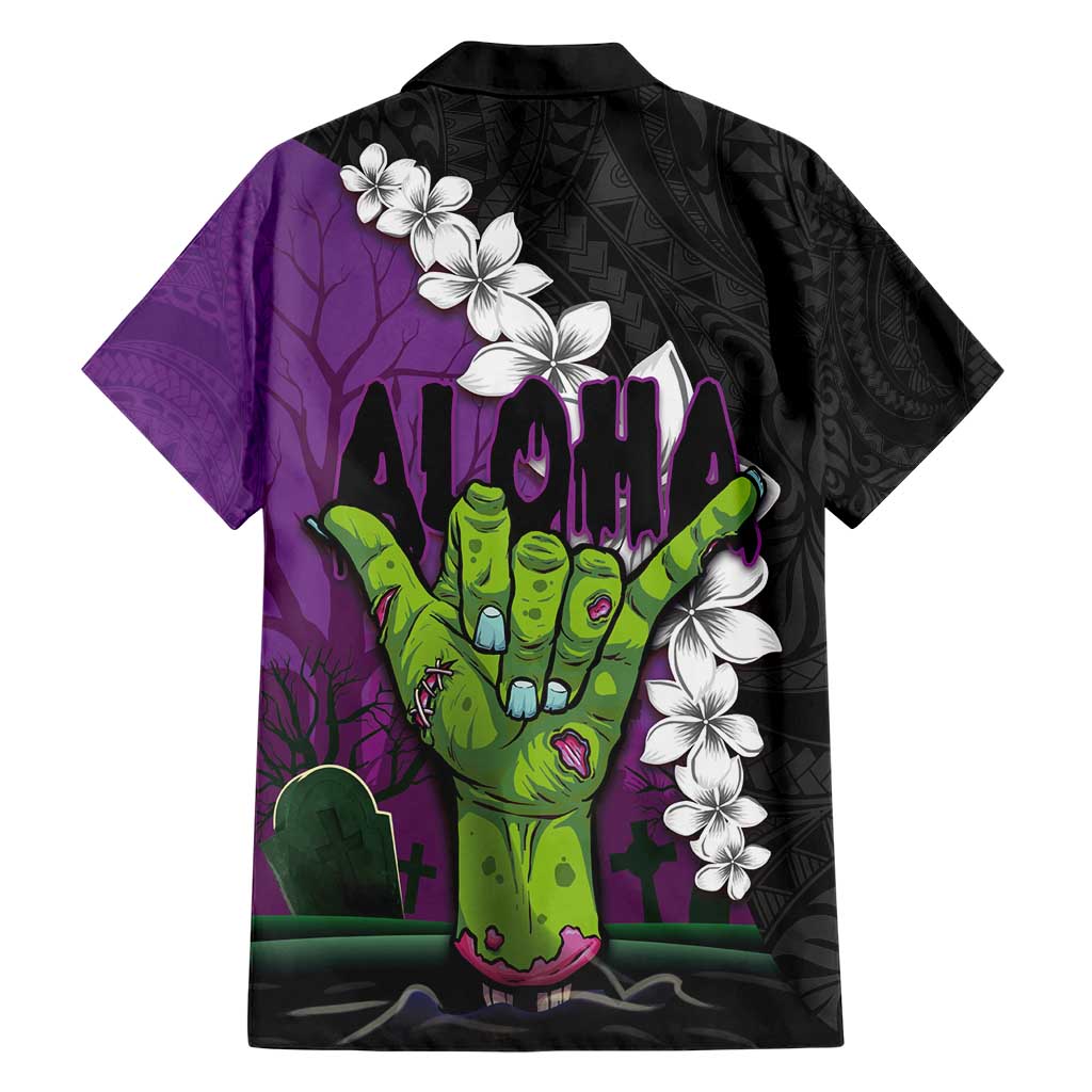 Hawaiian Halloween Hawaiian Shirt Horror Shaka Hand with Plumeria and Polynesian Tattoo Midnight Color