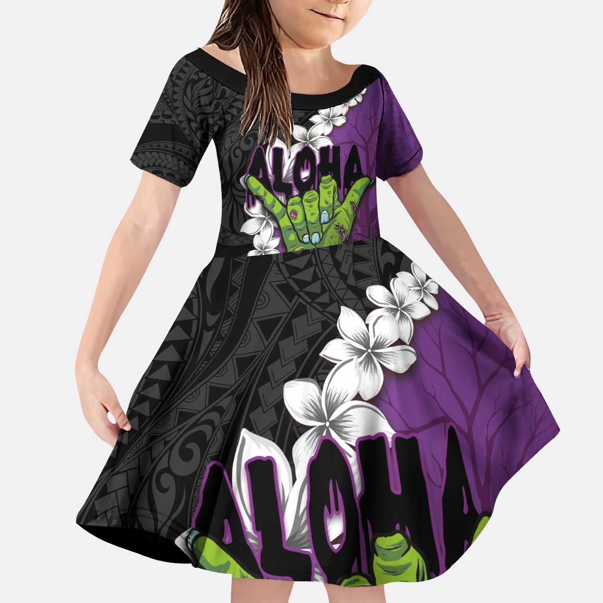 Hawaiian Halloween Kid Short Sleeve Dress Horror Shaka Hand with Plumeria and Polynesian Tattoo Midnight Color