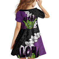 Hawaiian Halloween Kid Short Sleeve Dress Horror Shaka Hand with Plumeria and Polynesian Tattoo Midnight Color
