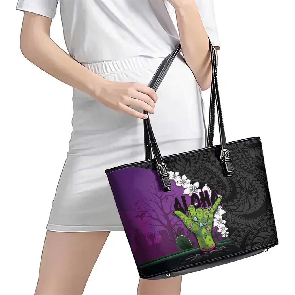 Hawaiian Halloween Leather Tote Bag Horror Shaka Hand with Plumeria and Polynesian Tattoo Midnight Color LT03 - Polynesian Pride