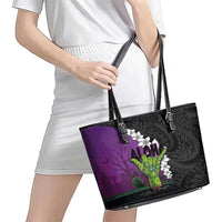 Hawaiian Halloween Leather Tote Bag Horror Shaka Hand with Plumeria and Polynesian Tattoo Midnight Color LT03 - Polynesian Pride
