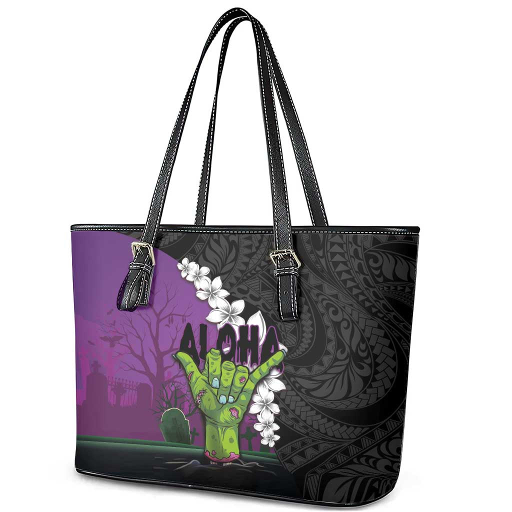 Hawaiian Halloween Leather Tote Bag Horror Shaka Hand with Plumeria and Polynesian Tattoo Midnight Color LT03 - Polynesian Pride