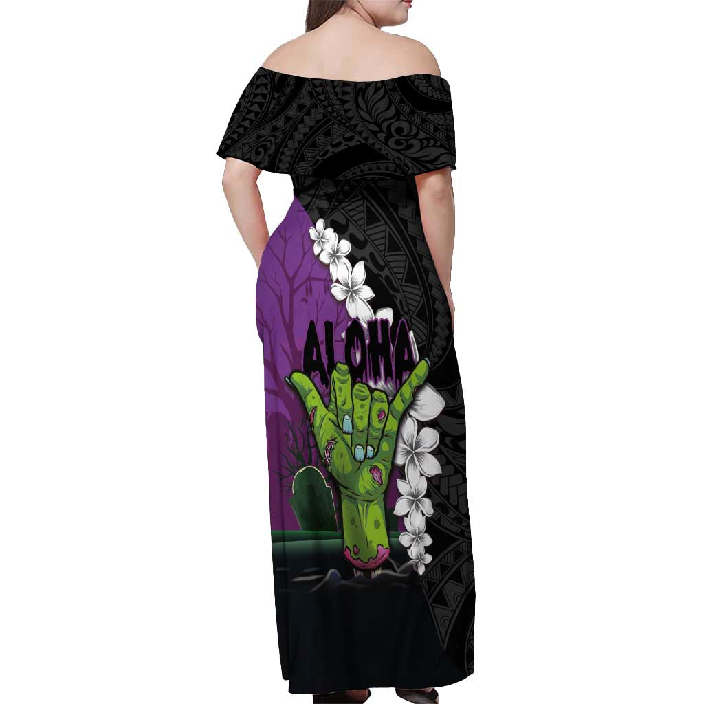 Hawaiian Halloween Off Shoulder Maxi Dress Horror Shaka Hand with Plumeria and Polynesian Tattoo Midnight Color
