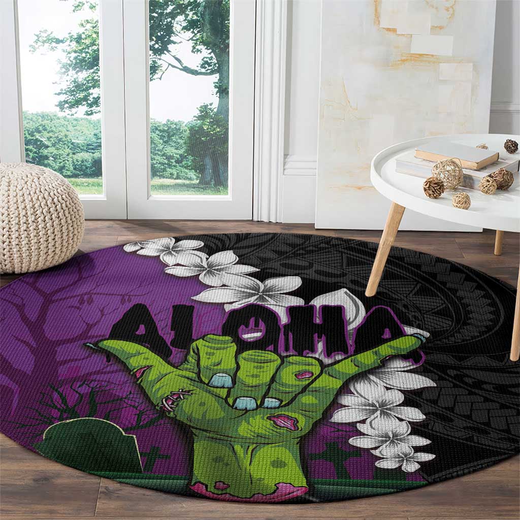 Hawaiian Halloween Round Carpet Horror Shaka Hand with Plumeria and Polynesian Tattoo Midnight Color