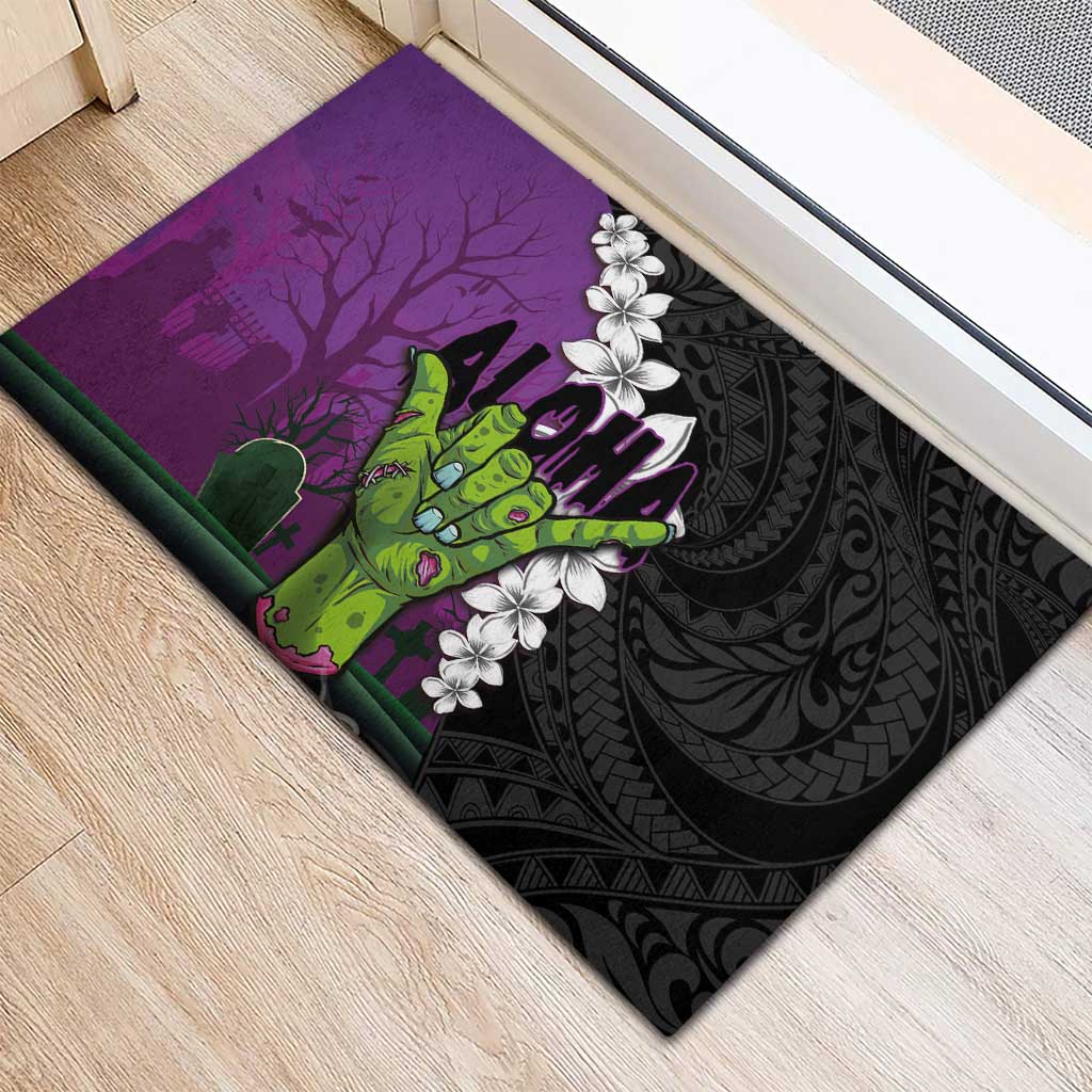 Hawaiian Halloween Rubber Doormat Horror Shaka Hand with Plumeria and Polynesian Tattoo Midnight Color LT03 - Polynesian Pride