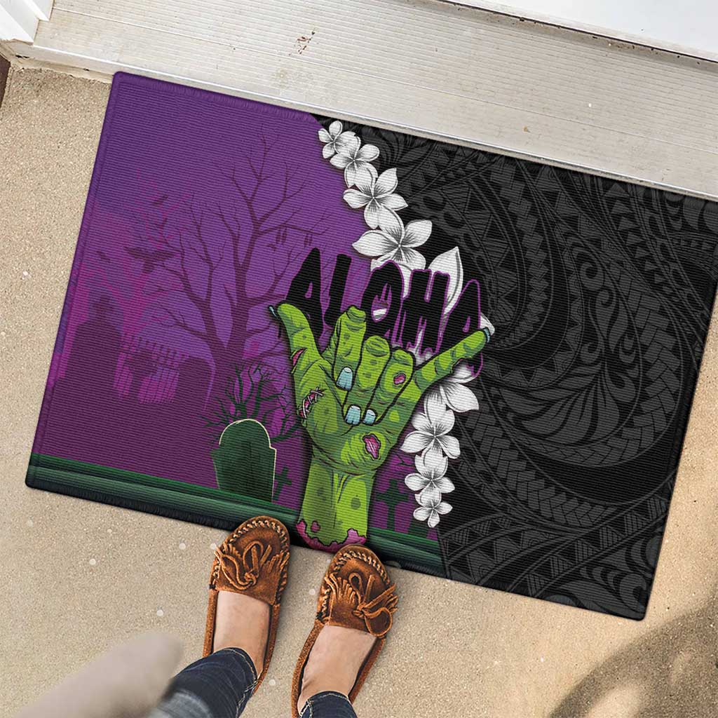 Hawaiian Halloween Rubber Doormat Horror Shaka Hand with Plumeria and Polynesian Tattoo Midnight Color LT03 - Polynesian Pride