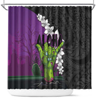 Hawaiian Halloween Shower Curtain Horror Shaka Hand with Plumeria and Polynesian Tattoo Midnight Color LT03 Purple - Polynesian Pride