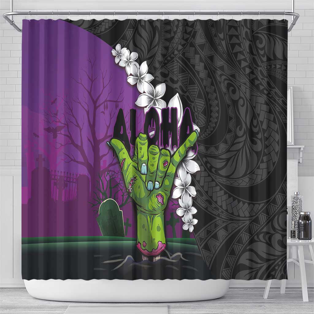 Hawaiian Halloween Shower Curtain Horror Shaka Hand with Plumeria and Polynesian Tattoo Midnight Color LT03 - Polynesian Pride