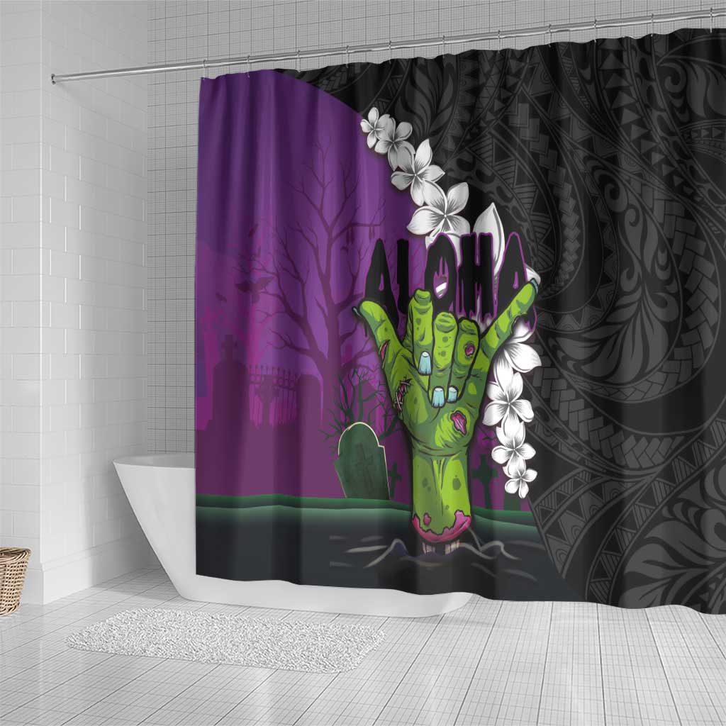 Hawaiian Halloween Shower Curtain Horror Shaka Hand with Plumeria and Polynesian Tattoo Midnight Color LT03 - Polynesian Pride