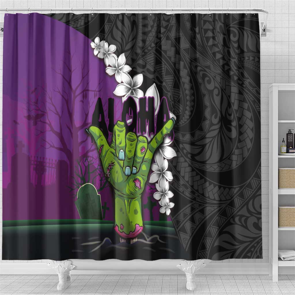 Hawaiian Halloween Shower Curtain Horror Shaka Hand with Plumeria and Polynesian Tattoo Midnight Color LT03 - Polynesian Pride