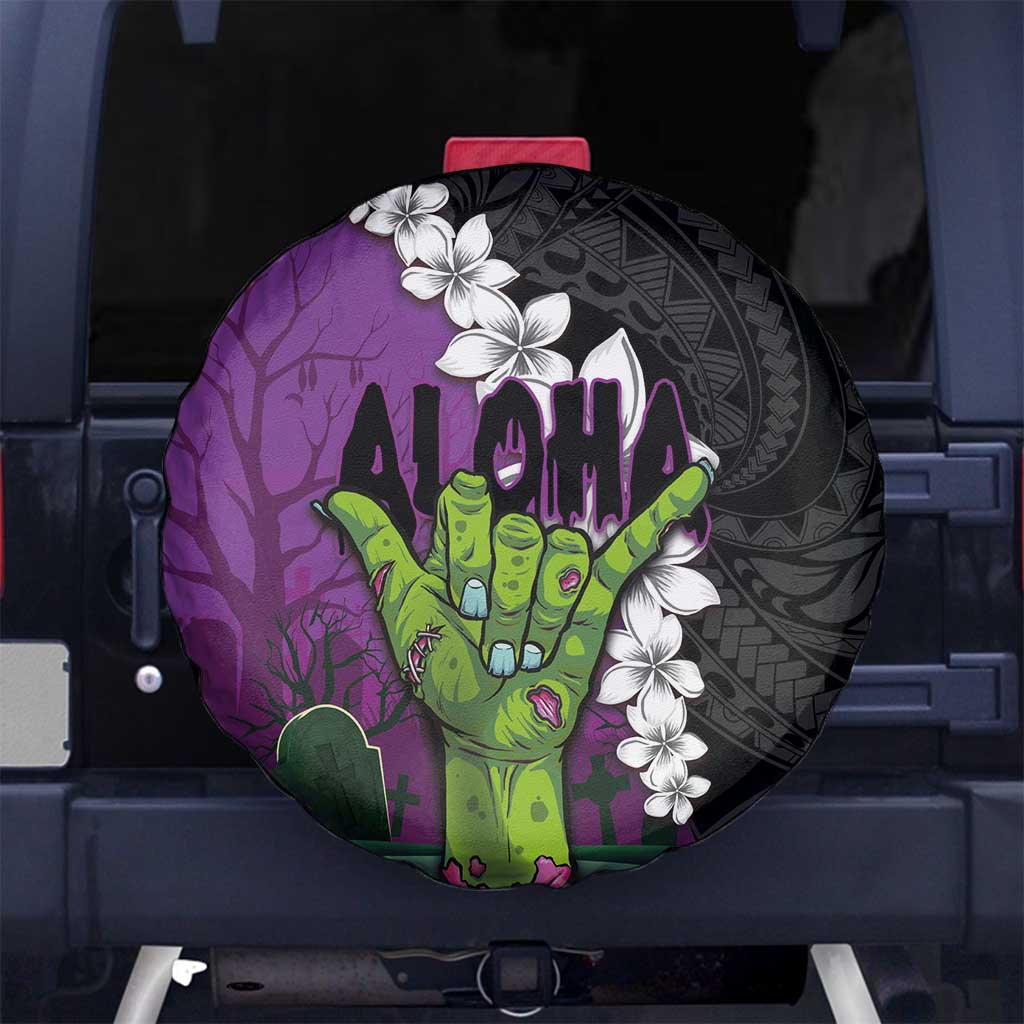 Hawaiian Halloween Spare Tire Cover Horror Shaka Hand with Plumeria and Polynesian Tattoo Midnight Color