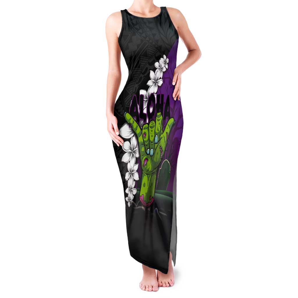 Hawaiian Halloween Tank Maxi Dress Horror Shaka Hand with Plumeria and Polynesian Tattoo Midnight Color
