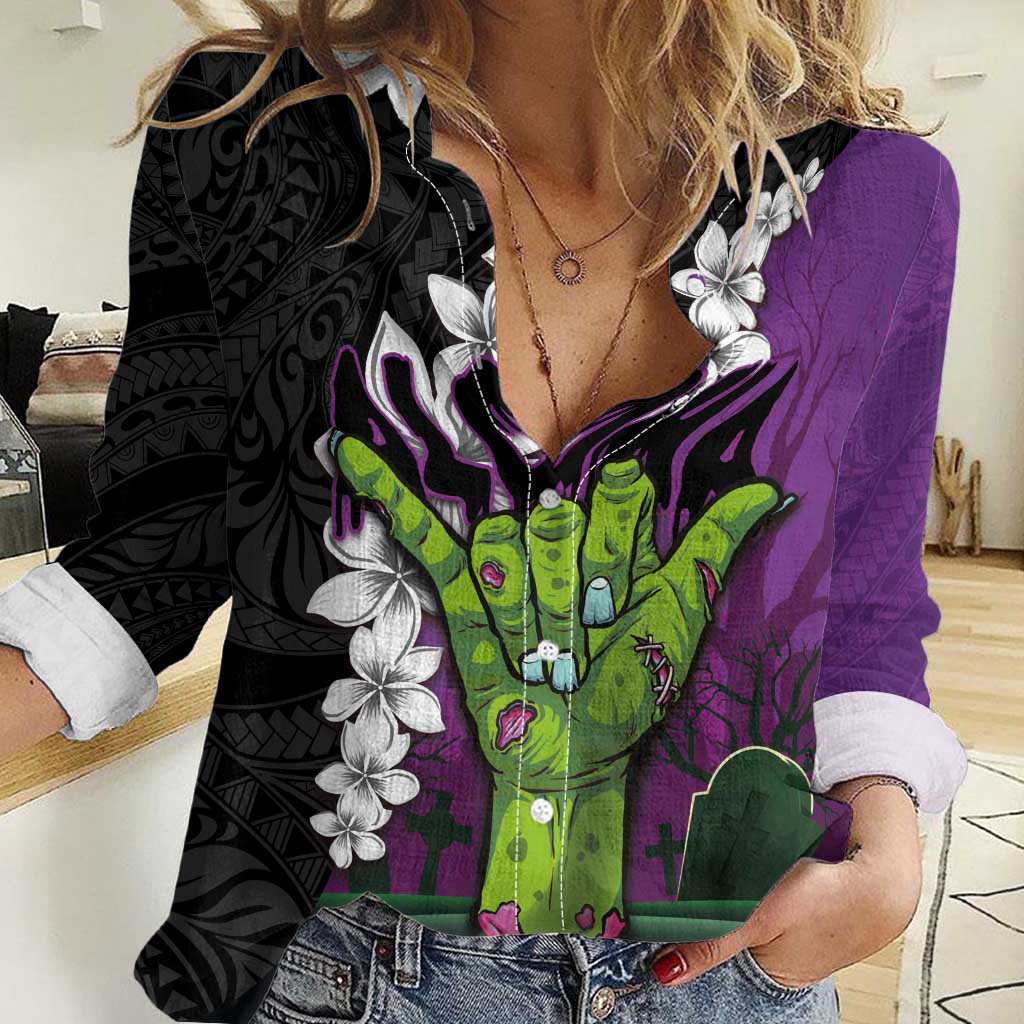 Hawaiian Halloween Women Casual Shirt Horror Shaka Hand with Plumeria and Polynesian Tattoo Midnight Color