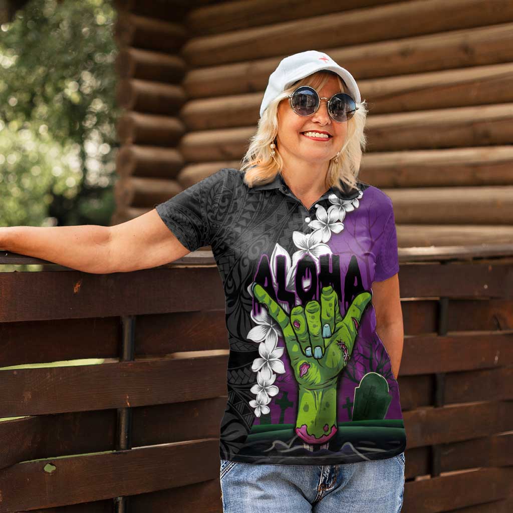 Hawaiian Halloween Women Polo Shirt Horror Shaka Hand with Plumeria and Polynesian Tattoo Midnight Color